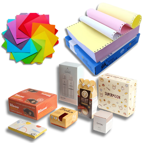 Diverse collection of paper products including writing paper, packaging materials, and printing supplies